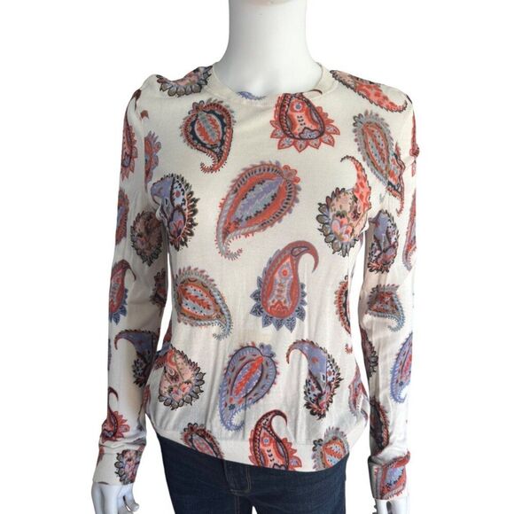 Tory Burch Women’s Paisley Long Sleeve Top Size M Cream Boho Luxury Blouse - Picture 2 of 9